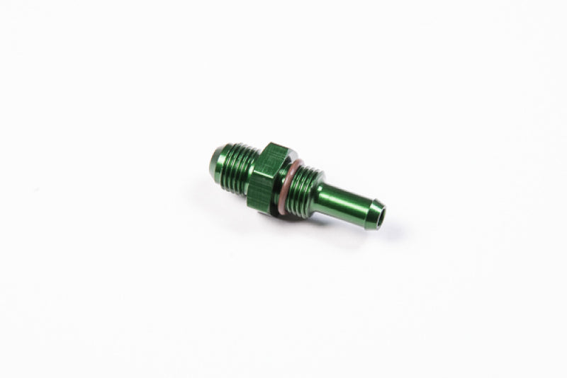 Radium Engineering 5/16-inch barb to 6AN bulkhead fitting showing metal fitting with barb and threaded end for fluid connections.