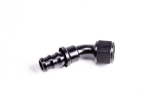 Radium Engineering 45-degree 8AN Pushlok hose end fitting showing metal construction and threaded connection for automotive performance.