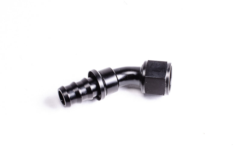Radium Engineering 45-degree 12AN Pushlok hose end fitting showing metal construction and angled design for automotive fluid connections.