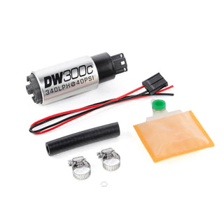 DeatschWerks 340lph DW300C compact fuel pump with universal install kit, shown with pump and installation accessories.