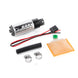 DeatschWerks 340lph DW300C compact fuel pump with universal install kit, shown with pump and installation components.