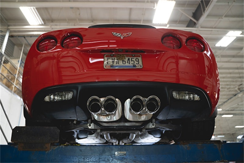 Polished CORSA Performance axle-back exhaust with 4.5-inch twin tips for Chevy Corvette C6 Z06 and ZR1 models, showing polished stainless finish.