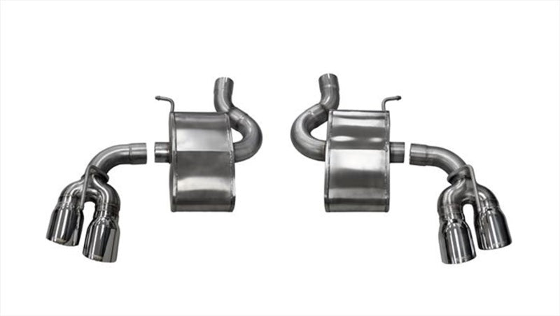 Polished CORSA Performance axle-back exhaust for Chevrolet Camaro SS 2017-2024 with 6.2L V8 engine, featuring dual tips and chrome finish.