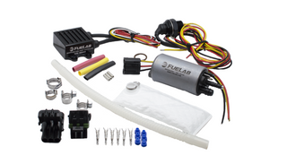 Fuelab 253 in-tank brushless fuel pump kit with 9mm barb, 6mm siphon, pre-filter, rated at 500 LPH, for automotive fuel systems.