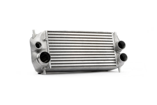 AMS Performance intercooler for 2015+ Ford F-150 and Raptor 2.7L/3.5L EcoBoost, silver with AMS logo, high-performance automotive part.