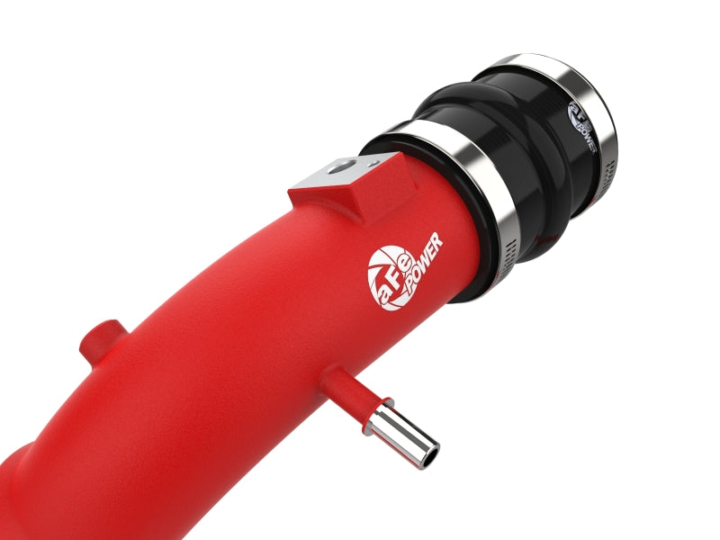 aFe BladeRunner aluminum hot and cold charge pipe kit in red for Ford F-150 V6-2.7L intercooler system, shown installed on engine.