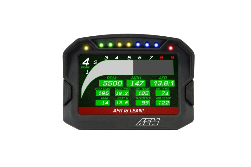 AEM CD-5LG carbon logging digital dash display gauge with internal 10Hz GPS and antenna, showing detailed digital readout.
