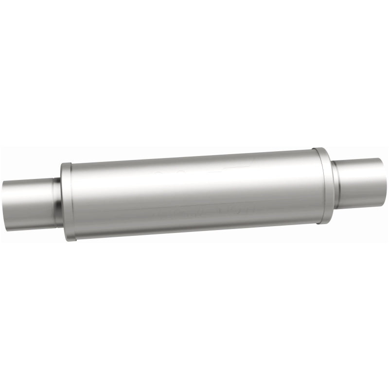 MagnaFlow Mag SS muffler with 14x4x4 inch body and 2.5x2.5 inch inlet and outlet pipes, shown in the image.