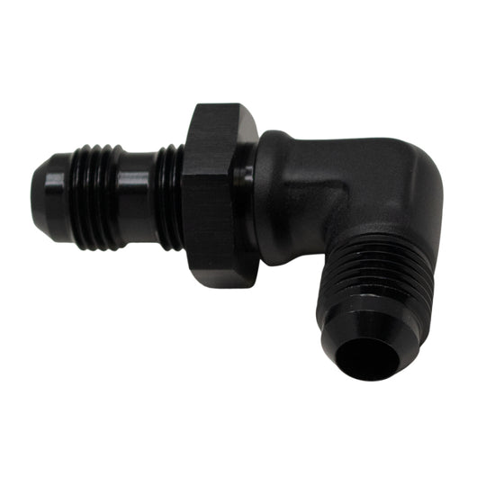 DeatschWerks 6AN male flare to 6AN male flare bulkhead adapter, 90-degree anodized matte black fitting for fuel and fluid systems.