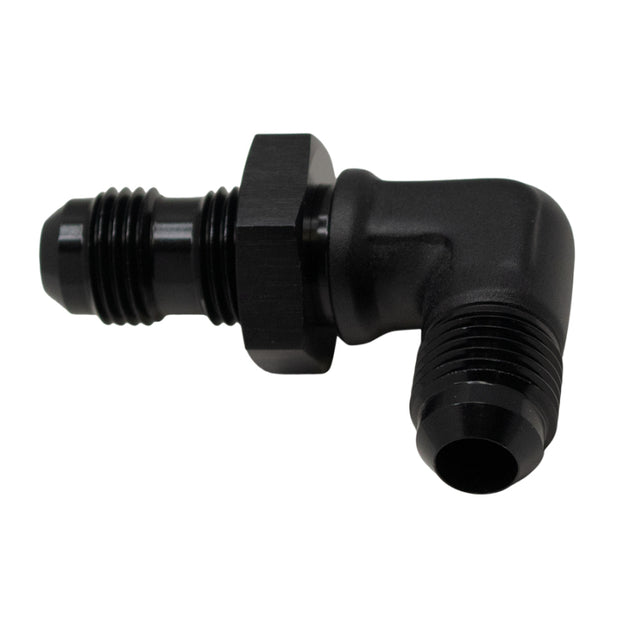 DeatschWerks 6AN male flare to 6AN male flare bulkhead adapter, 90-degree anodized matte black fitting for fuel and fluid systems.