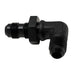 DeatschWerks 6AN male flare to 6AN male flare bulkhead adapter, 90-degree anodized matte black fitting for fuel and fluid systems.