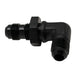DeatschWerks 6AN male flare to 6AN male flare bulkhead adapter, 90-degree anodized matte black fitting for fuel and fluid systems.