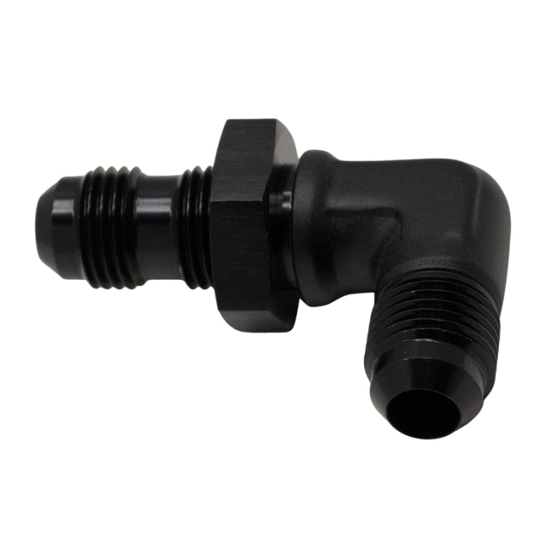DeatschWerks 6AN male flare to 6AN male flare bulkhead adapter, 90-degree anodized matte black fitting for fuel and fluid systems.