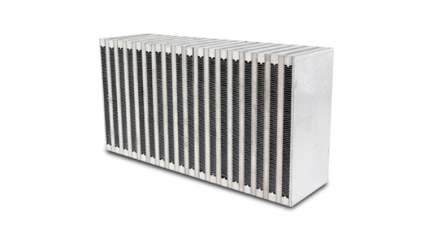 Vibrant intercooler core measuring 6x11.8x3 inches, with vibrant fins and tubing for efficient cooling in automotive applications.