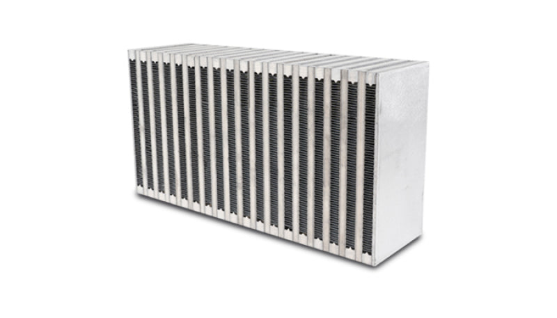 Vibrant intercooler core measuring 6x11.8x3 inches, with vibrant fins and tubing for efficient cooling in automotive applications.