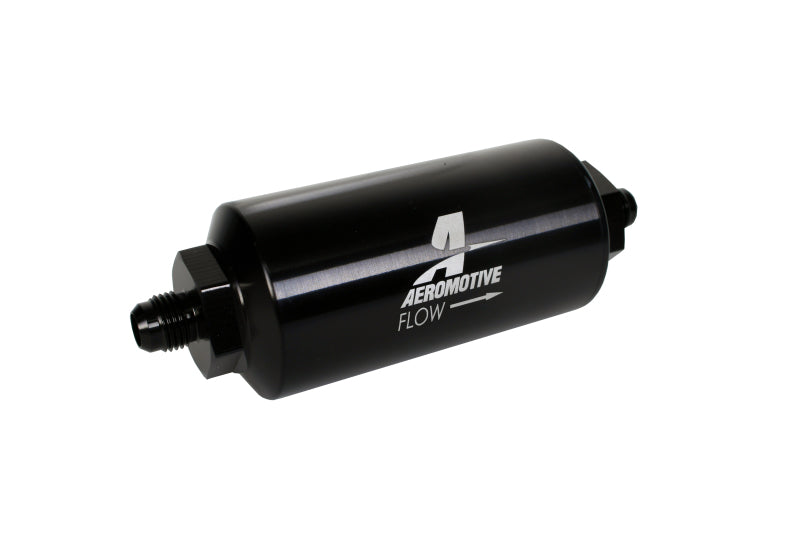 Aeromotive in-line fuel filter with AN-6 male fittings, 10 micron microglass element, bright dip black finish for automotive use