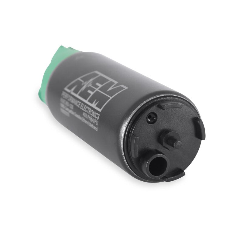 AEM 400 LPH high flow in-tank fuel pump kit with double barb fittings, ethanol compatible, installed in a vehicle tank.