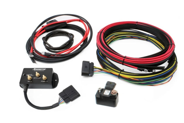Aeromotive VaporWorx ReturnX pulse width modulation controller kit for a single fuel pump, shown with electronic components and wiring.