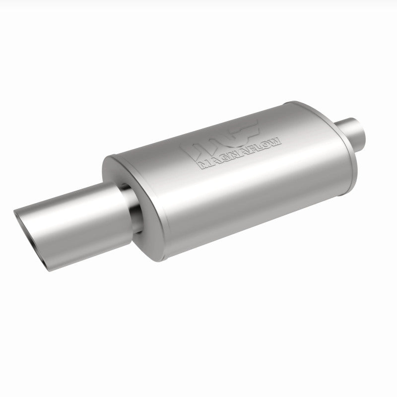 MagnaFlow muffler with tip, model RS 14X5X8, featuring 2.25/4 inch inlet and outlet pipes, automotive exhaust part.