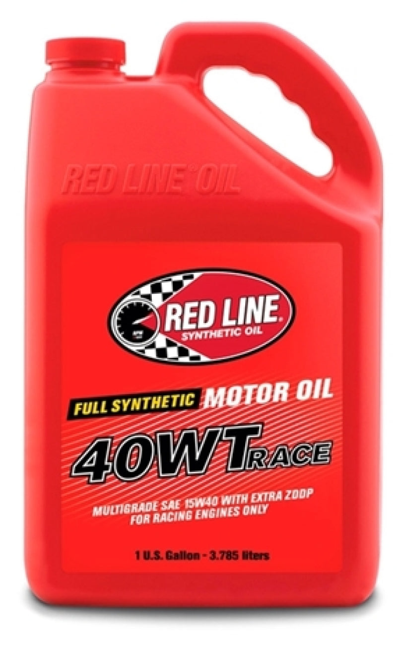 Red Line 40WT Race Oil gallon container, high-performance motor oil designed for racing engines with red and black labeling.