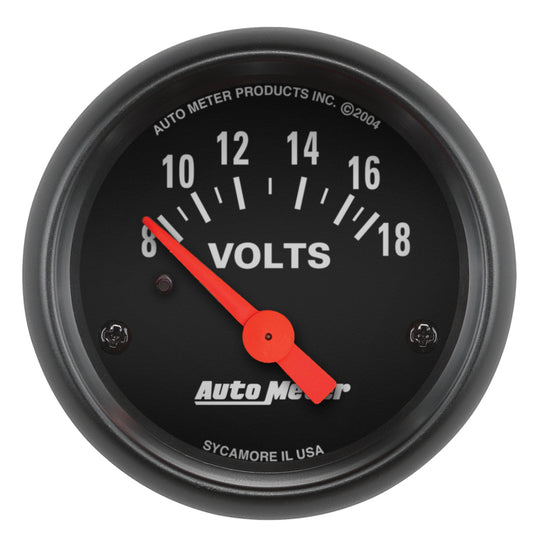 AutoMeter Z-Series 52mm voltmeter gauge displaying voltage levels from 8 to 18 volts in a clean, professional design