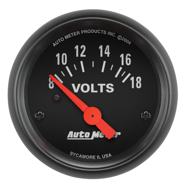 AutoMeter Z-Series 52mm voltmeter gauge displaying voltage levels from 8 to 18 volts in a clean, professional design