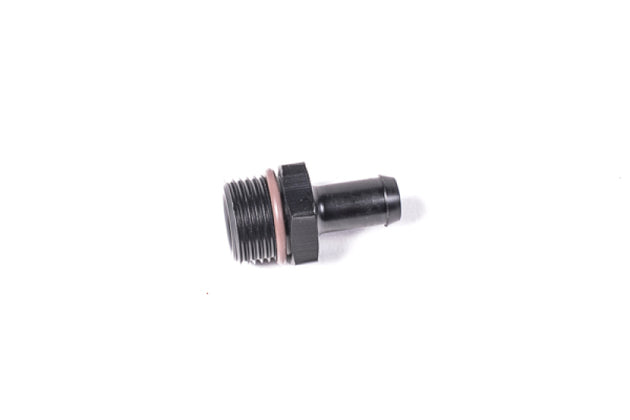 Radium Engineering 10AN ORB to Barb fitting with .500-inch hose connection, showing the black anodized metal finish and fitting details.