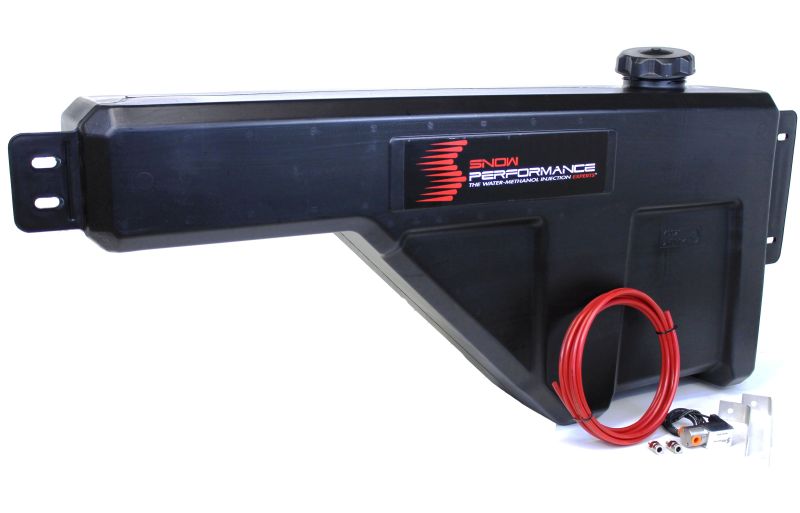 Snow Performance 10-gallon toolbox-style reservoir with front bracket and hardware for vehicle fluid storage.
