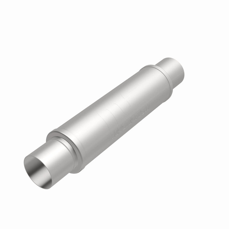 MagnaFlow Mag SS 3-inch muffler with 14x4x4 inch dimensions, showcasing the stainless steel construction and inlet/outlet openings.