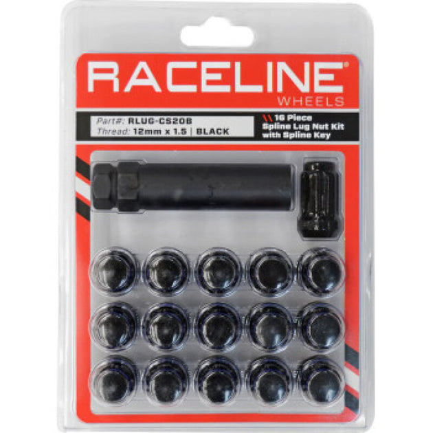Black Raceline spline lug nut kit with 16 black lug nuts and spline key, fits 12 x 1.5 wheels, durable steel construction.