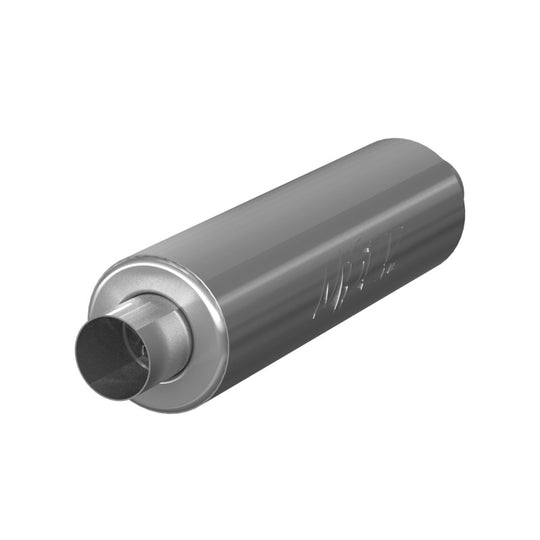 MBRP universal chambered muffler with 3-inch inlet and outlet, 20-inch T409 body, designed for vehicle exhaust systems.