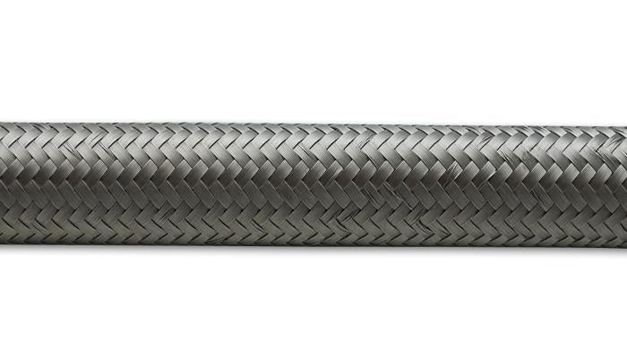 Vibrant -6 AN SS braided flex hose, 20-foot roll, showing shiny stainless steel braided exterior and flexible hose structure.
