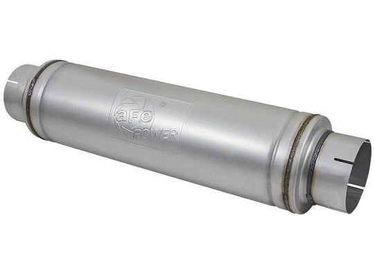 aFe ATLAS aluminized steel muffler with round body, 24-inch length, 5-inch inlet and outlet diameter, showcasing its cylindrical shape.