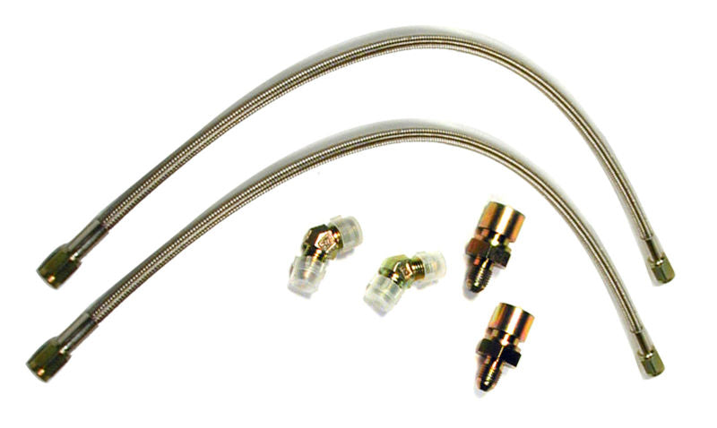 Wilwood brake line kit for 86-93 Mustang with Forged Dynalite or SL6 front calipers, includes all necessary fittings and hoses.