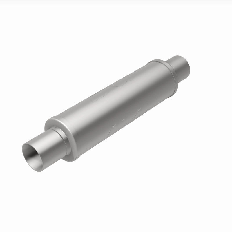 MagnaFlow Mag SS muffler with 14x4x4 and 2.5x2.5 inlet/outlet pipes, shown in a close-up image.