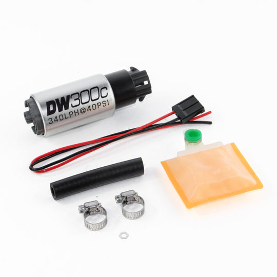DeatschWerks 340lph DW300C compact fuel pump with universal install kit and mounting clips for automotive fuel systems.