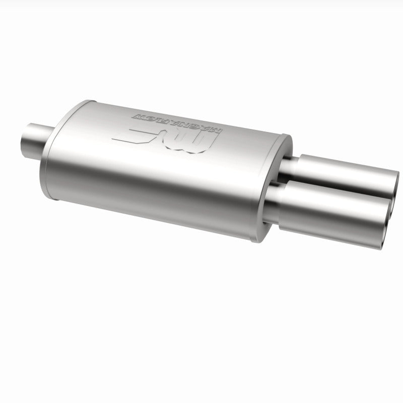 MagnaFlow stainless steel muffler with tip, 14x5x8 inches, featuring 2.25/3 inlet and outlet pipes, for automotive exhaust systems.
