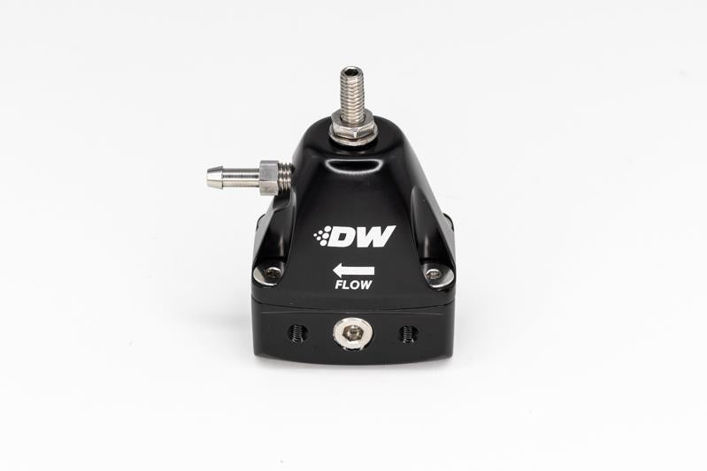 Black DeatschWerks DWR1000iL inline adjustable fuel pressure regulator with inlet and outlet fittings for automotive fuel systems.
