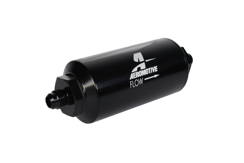 Aeromotive in-line fuel filter with AN-06 male fitting and 100 micron stainless steel element for automotive fuel systems.