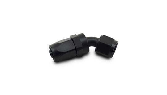 Vibrant -8AN 45-degree elbow hose end fitting showing the black metal fitting with threaded ends for automotive or racing hoses.