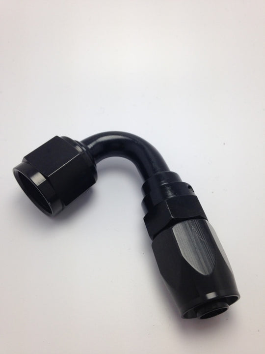 Fragola -10AN 120-degree black Pro-Flow hose end fitting showing angled aluminum fitting with black finish