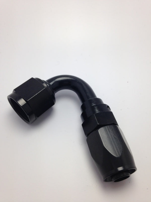 Fragola -10AN 120-degree black Pro-Flow hose end fitting showing angled aluminum fitting with black finish