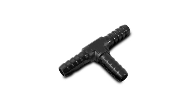 Vibrant black anodized 1/8-inch barbed tee fitting, made of durable metal, designed for secure hose connections.
