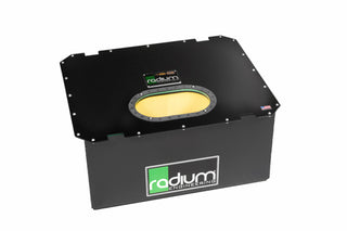 Radium Engineering R22A 22-gallon fuel cell tank with metal construction and fuel fittings, designed for automotive use.