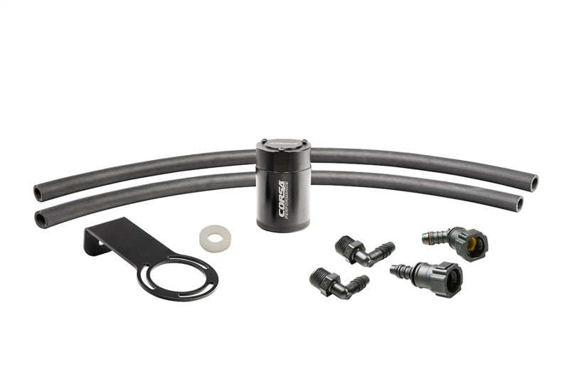 Corvette 2016-2023 Chevrolet Camaro SS Coupe aluminum oil catch can with mounting bracket, black finish, and branded logo.