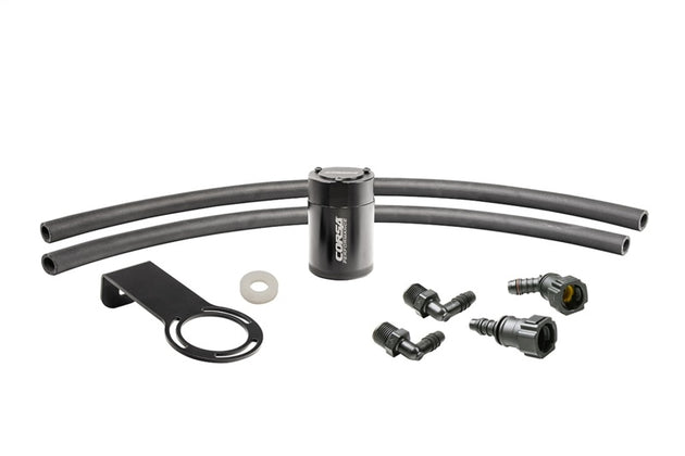 Corvette 2016-2023 Chevrolet Camaro SS Coupe aluminum oil catch can with mounting bracket, black finish, and branded logo.