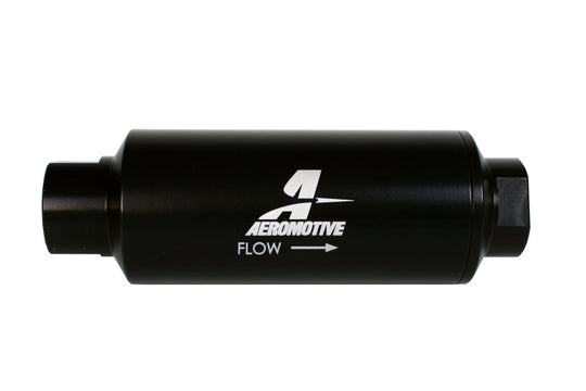 Aeromotive inline fuel filter with AN-12 ORB fitting and 10 micron microglass element for clean fuel filtration.