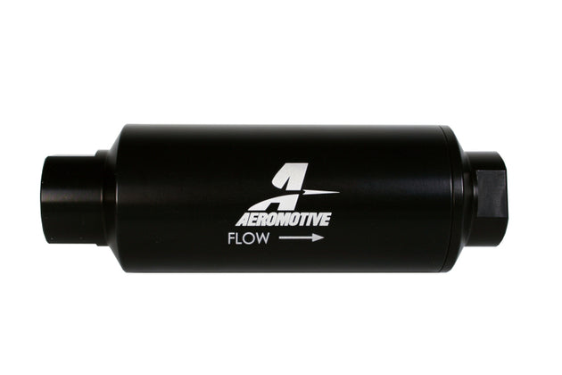 Aeromotive inline fuel filter with AN-12 ORB fitting and 10 micron microglass element for clean fuel filtration.