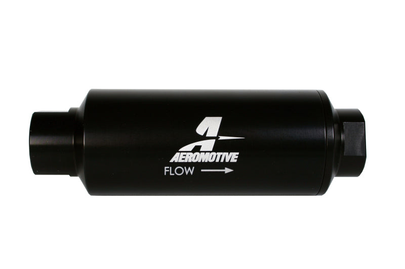 Aeromotive inline fuel filter with AN-12 ORB fitting and 10 micron microglass element for clean fuel filtration.