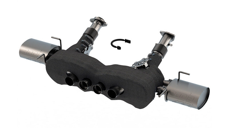 Borla catback exhaust system for Chevrolet Corvette C8 Z06 5.5L V8, featuring 3-inch ATAK mufflers and reused OE tips.